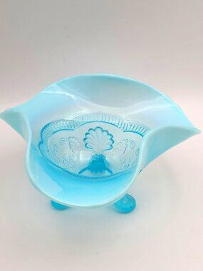 Antique Model Flint Manila Wreath Shell Blue Opalescent Footed Bowl